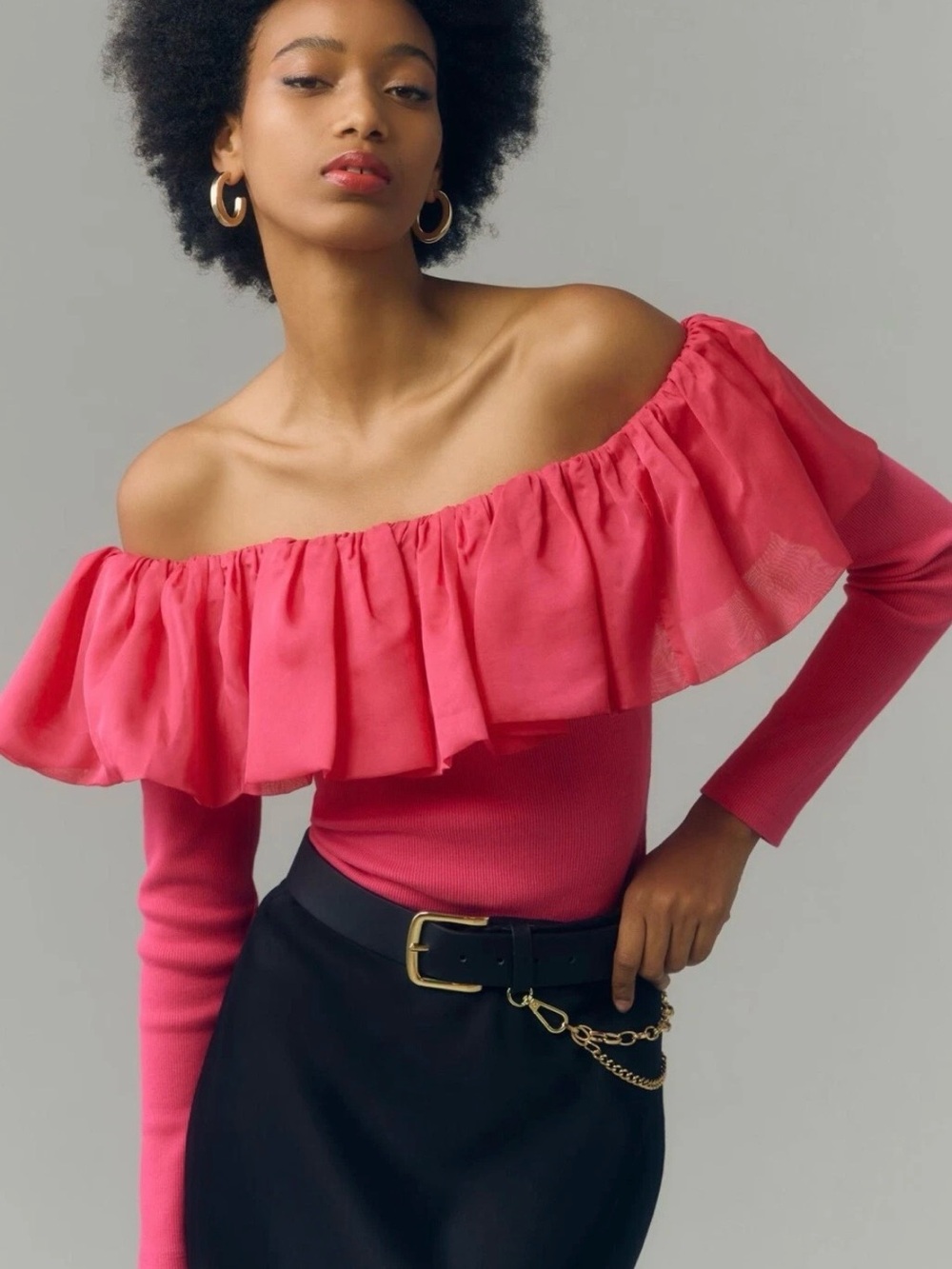 Anthropologie Off-Shoulder Ruffle Top in Hot Pink